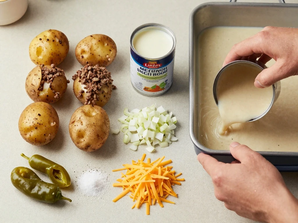 Ingredients for Linda's Mexican Scalloped Potatoes arranged for cooking