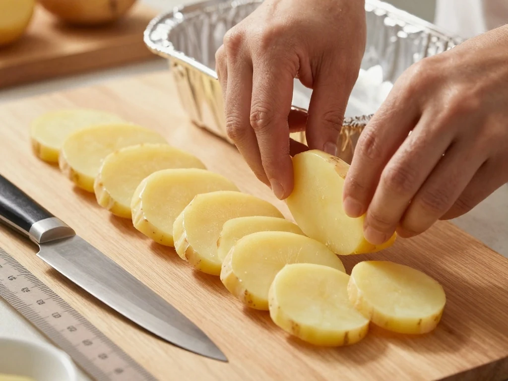 Uniform thin potato slices prepared for a tender scalloped potato casserole
