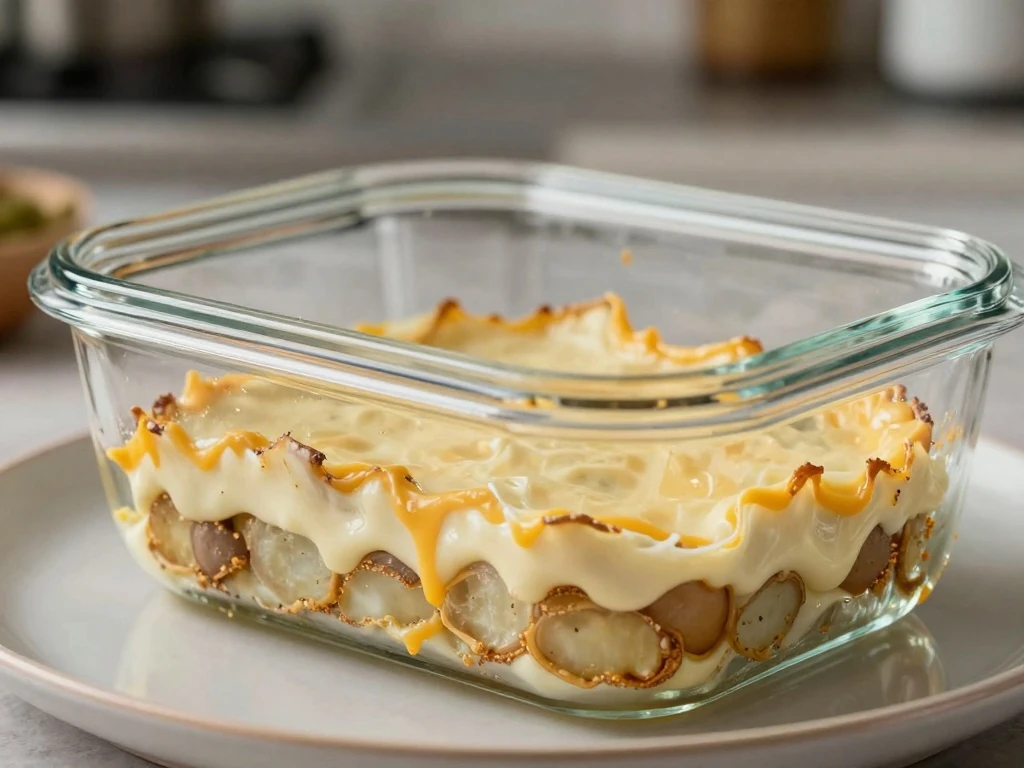 A reheated portion of Mexican scalloped potatoes with creamy layers and melted cheese
