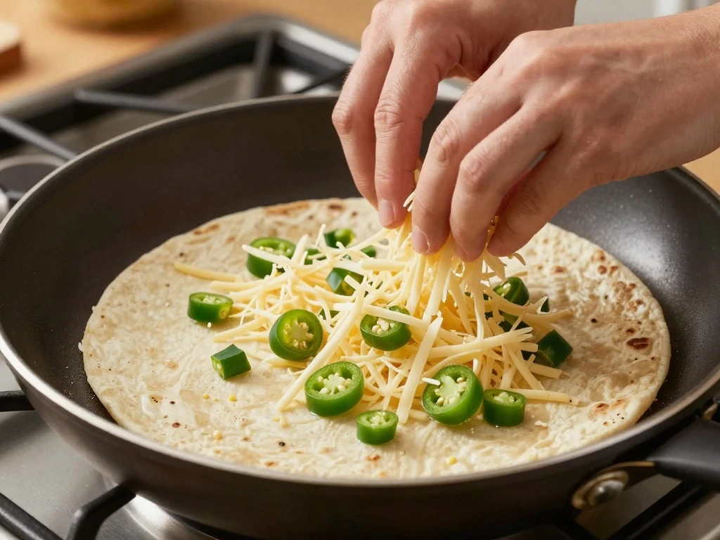 Building a green chile quesadilla in a skillet
