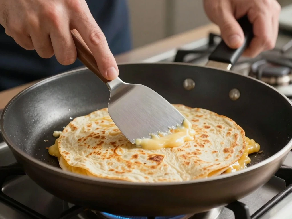 Golden quesadilla cooking until the Monterey Jack melts