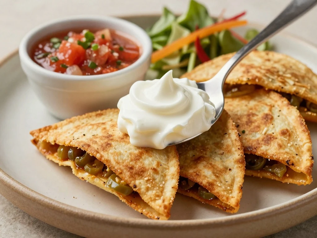 Green chile quesadilla wedges served with salsa and sour cream