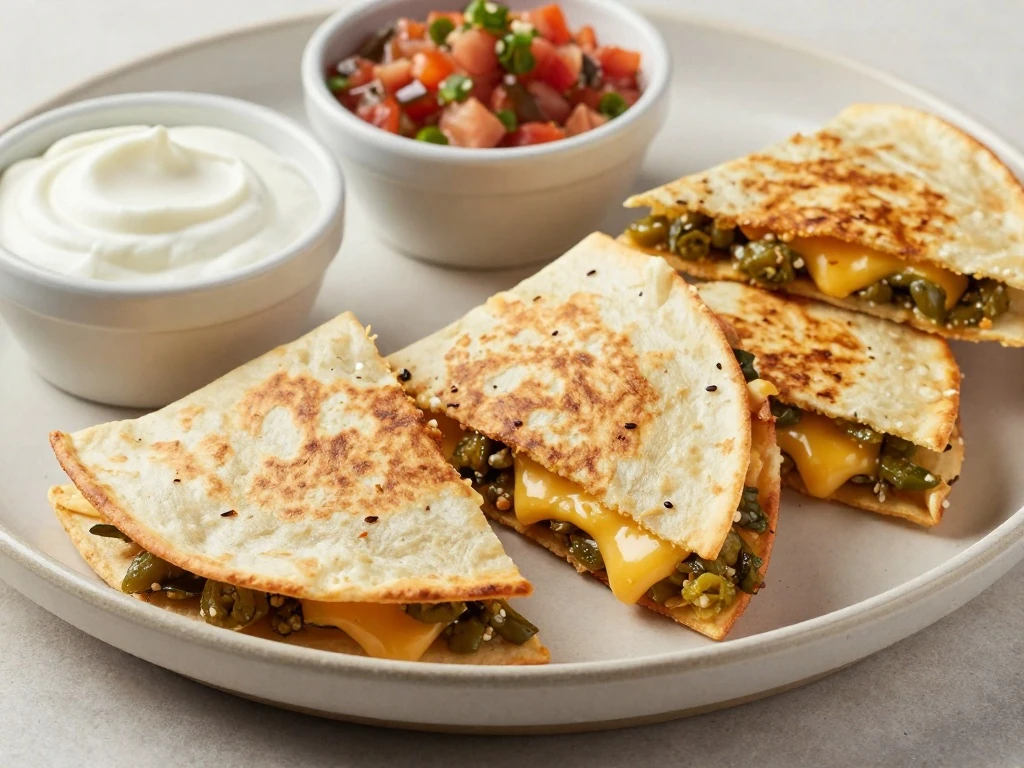Finished Mama Ortega's green chile quesadillas ready to serve
