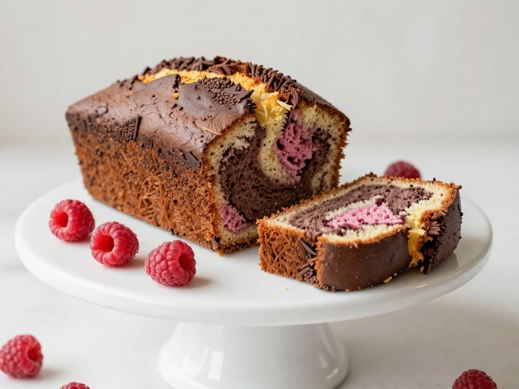 Whole soft and fluffy marble cake with a slice showing vanilla and chocolate swirls