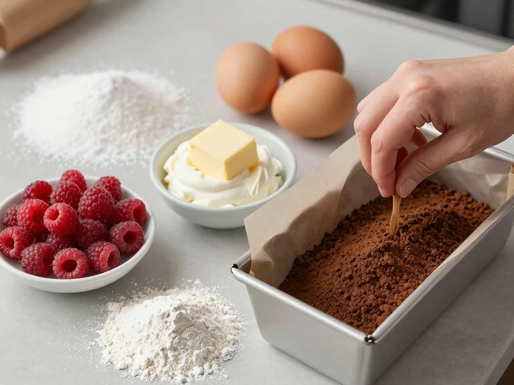 Ingredients for a vanilla and chocolate marble cake arranged for baking