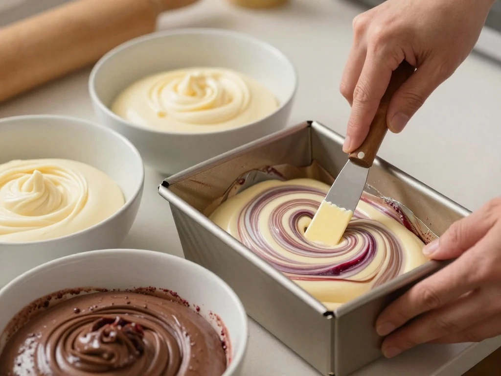 Vanilla and chocolate batter being gently swirled to create a marble cake pattern