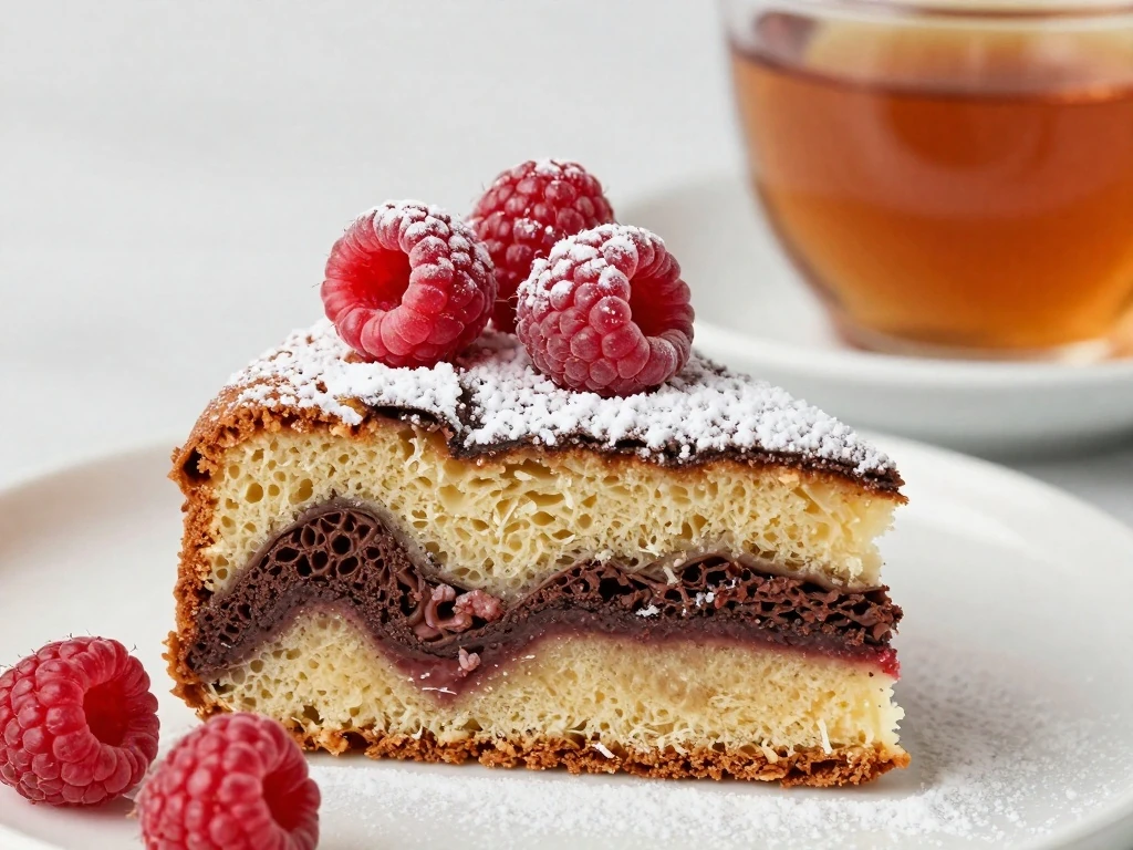 Sliced marble cake served with powdered sugar and chocolate curls