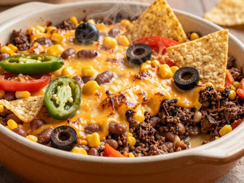 A hot serving of easy Mexican casserole with melted Cheddar and tortilla chips