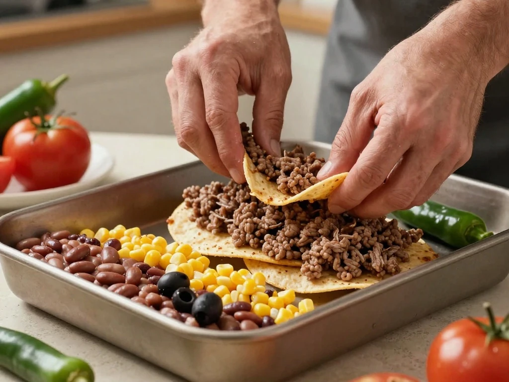 Layering seasoned beef and vegetables over tortilla chips for Mexican casserole