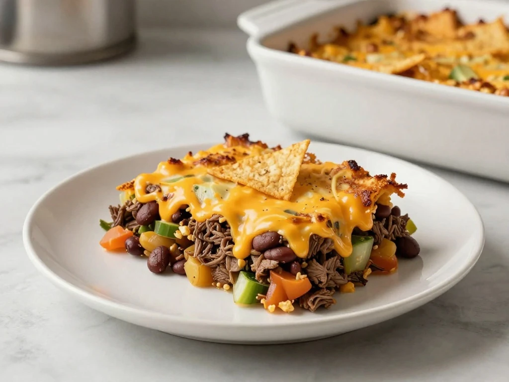 A reheated serving of Mexican casserole with visible layered filling