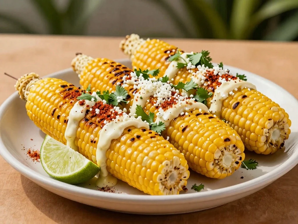 Four servings of classic Mexican corn on the cob with Cotija cheese, cilantro, chile, and lime