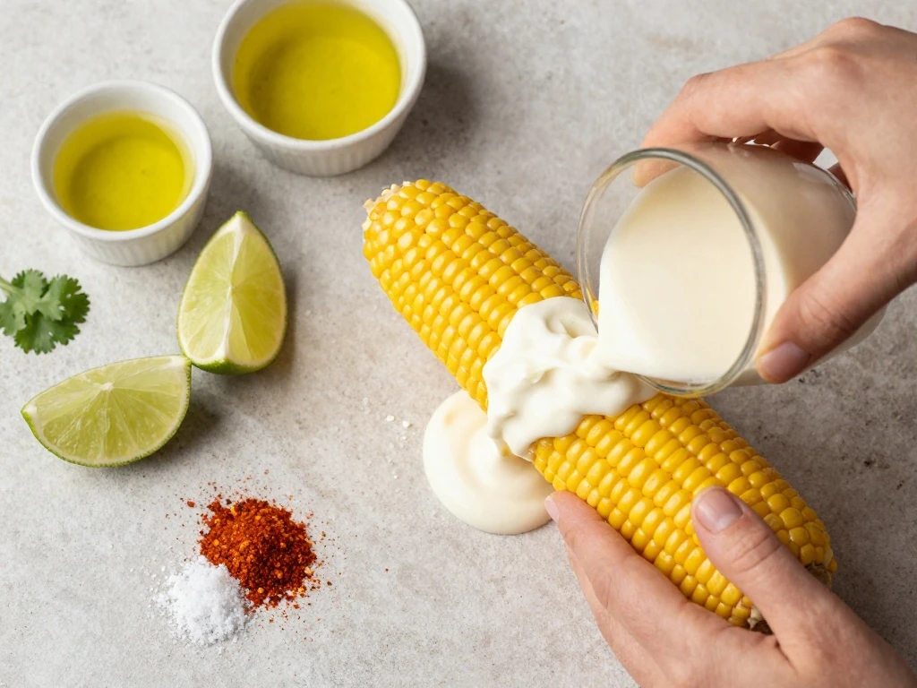 Ingredients for Mexican corn on the cob including corn, crema, Cotija, lime, cilantro, and chili powder