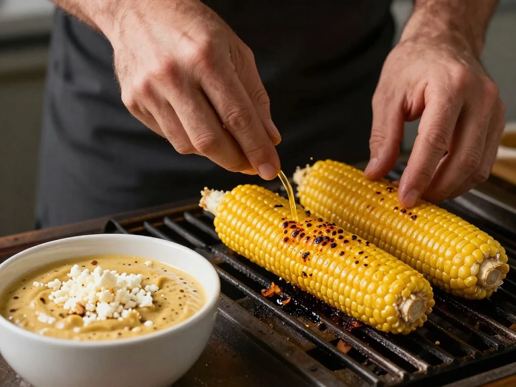Fresh corn grilling until tender and lightly charred for classic elote