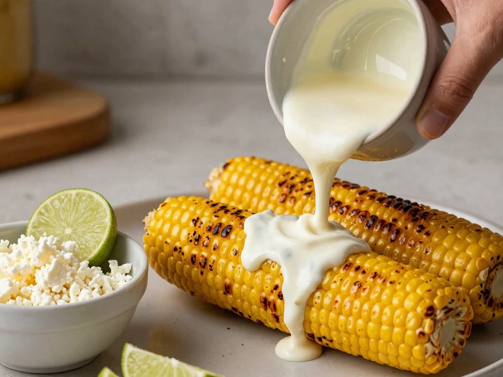 Hot grilled corn being coated with creamy sauce before adding Cotija cheese