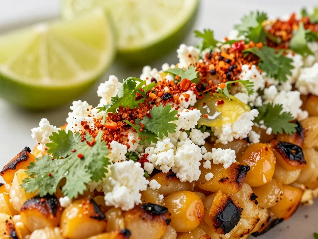 Close-up of Cotija cheese, cilantro, chile powder, and lime on Mexican elote