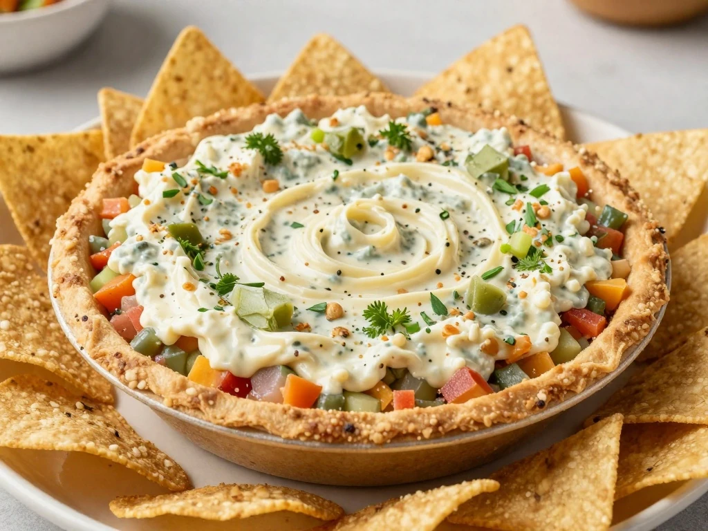 Classic cold Mexican layered dip surrounded by tortilla chips