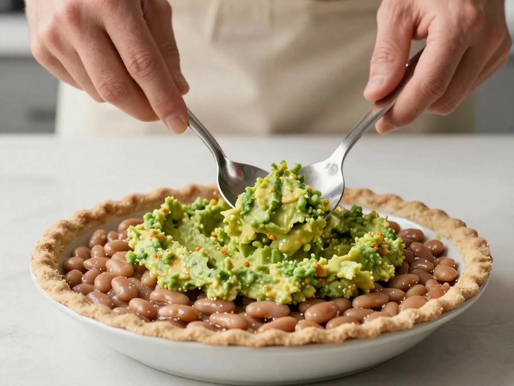 Spreading guacamole over refried beans for layered Mexican dip