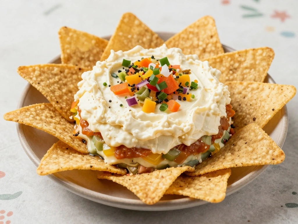 Mexican layered dip served with sturdy tortilla chips