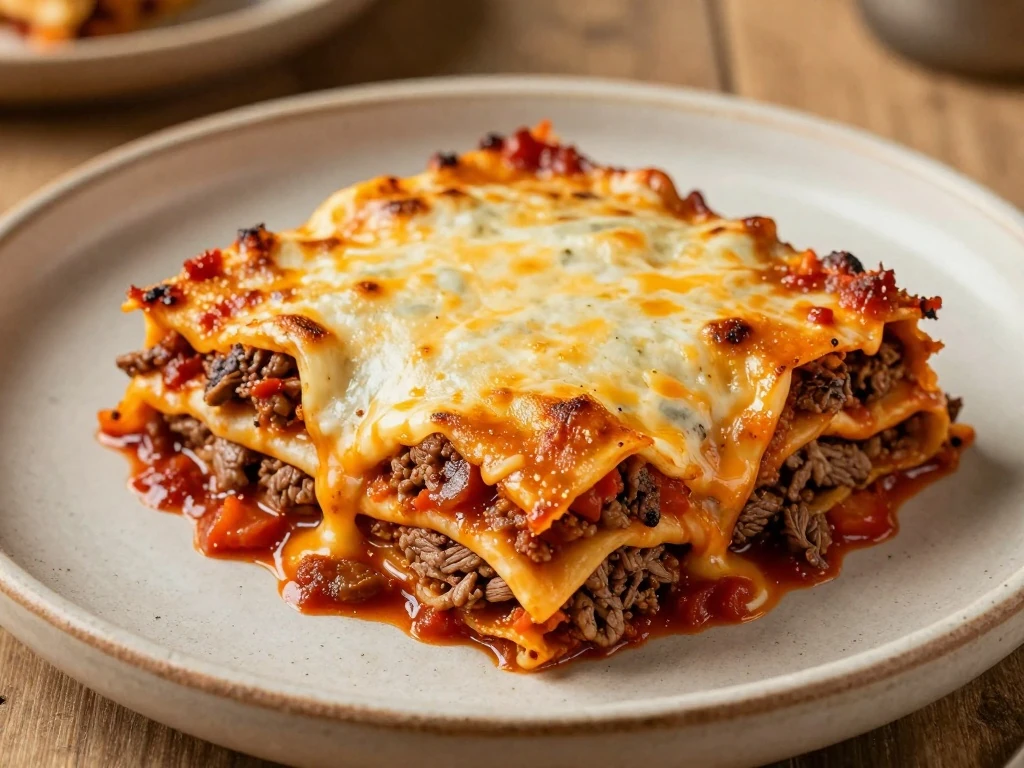 Slice of easy Mexican lasagna with beef, beans, tortillas, enchilada sauce, and melted cheese
