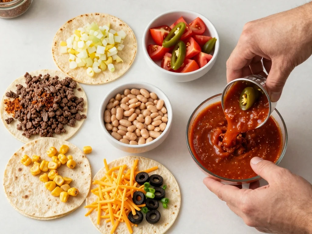 Ingredients for an easy Mexican lasagna recipe arranged on a kitchen counter