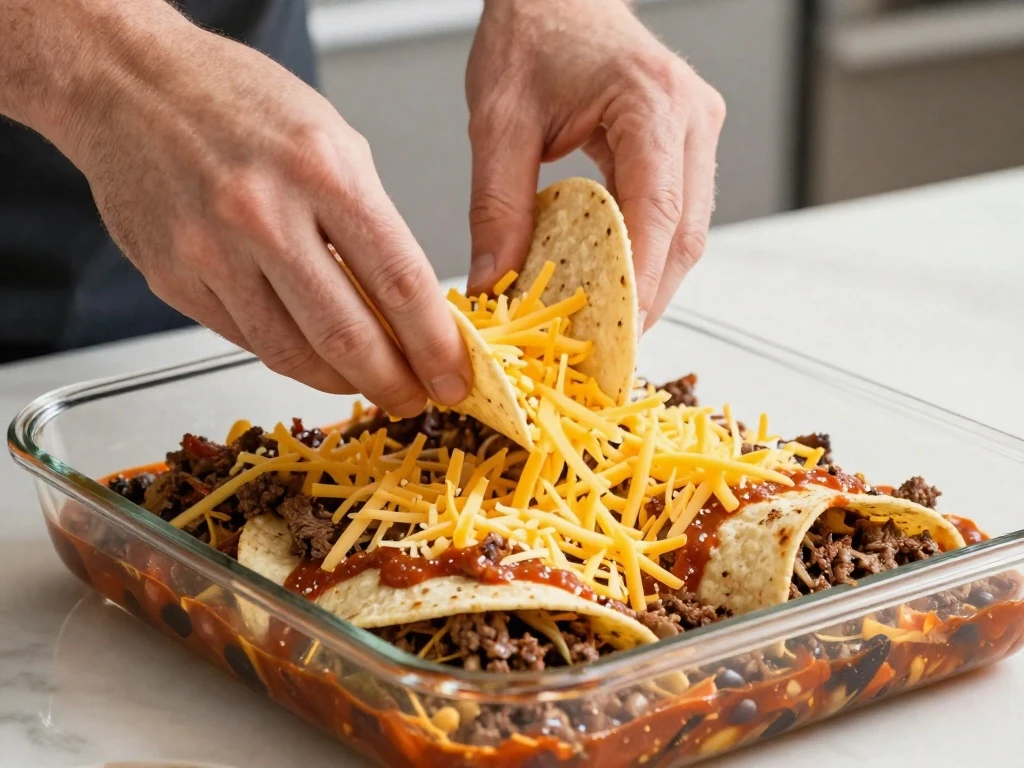 Layering tortillas, beef filling, enchilada sauce, and cheese for Mexican lasagna