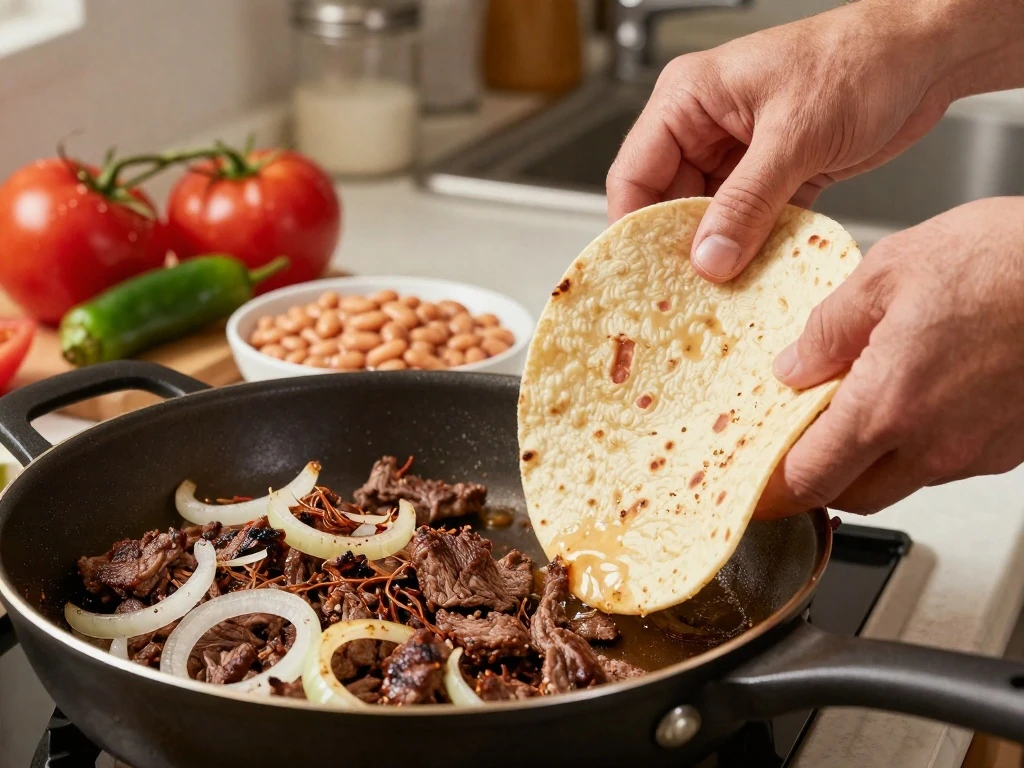Preparing the beef and bean filling and warming tortillas for Mexican lasagna