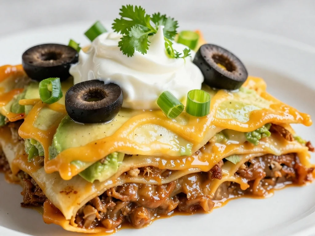 Mexican lasagna slice garnished with green onions, olives, cilantro, sour cream, and avocado