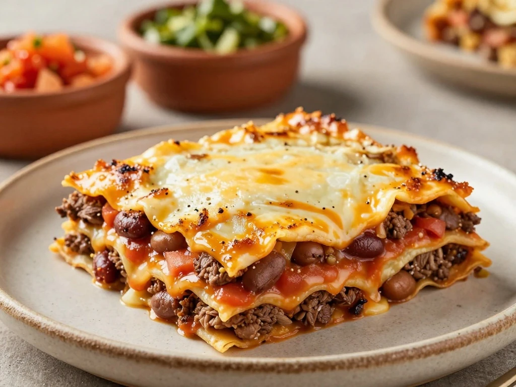 A hearty slice of easy Mexican lasagna with visible layers and melted cheese