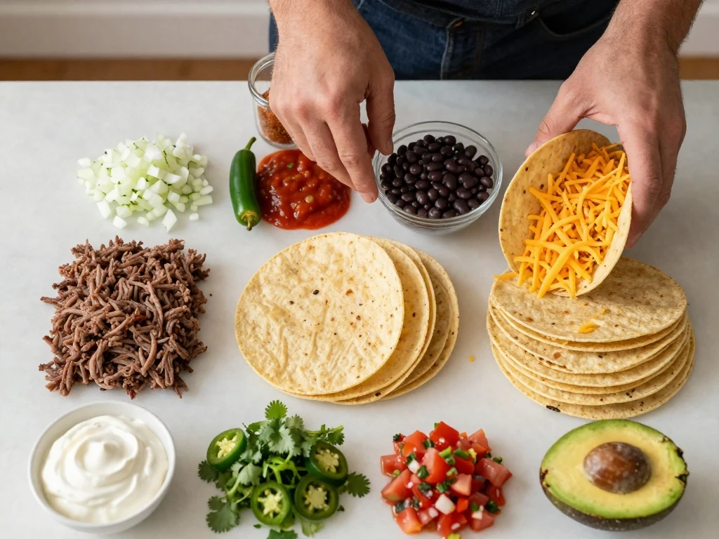 Ingredients for Mexican lasagna arranged in a colorful flat lay