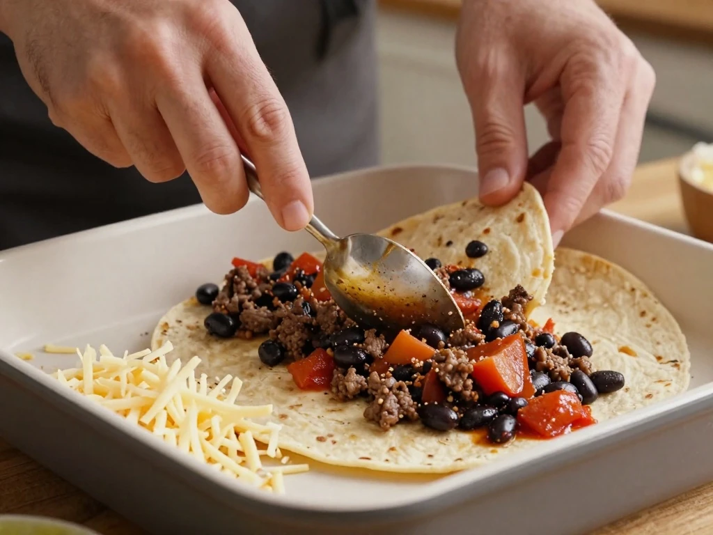 Layering seasoned beef mixture over corn tortillas for Mexican lasagna