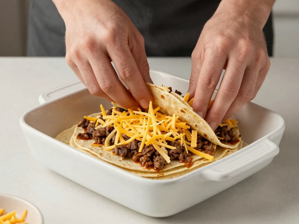 Corn tortillas and filling arranged in even Mexican lasagna layers