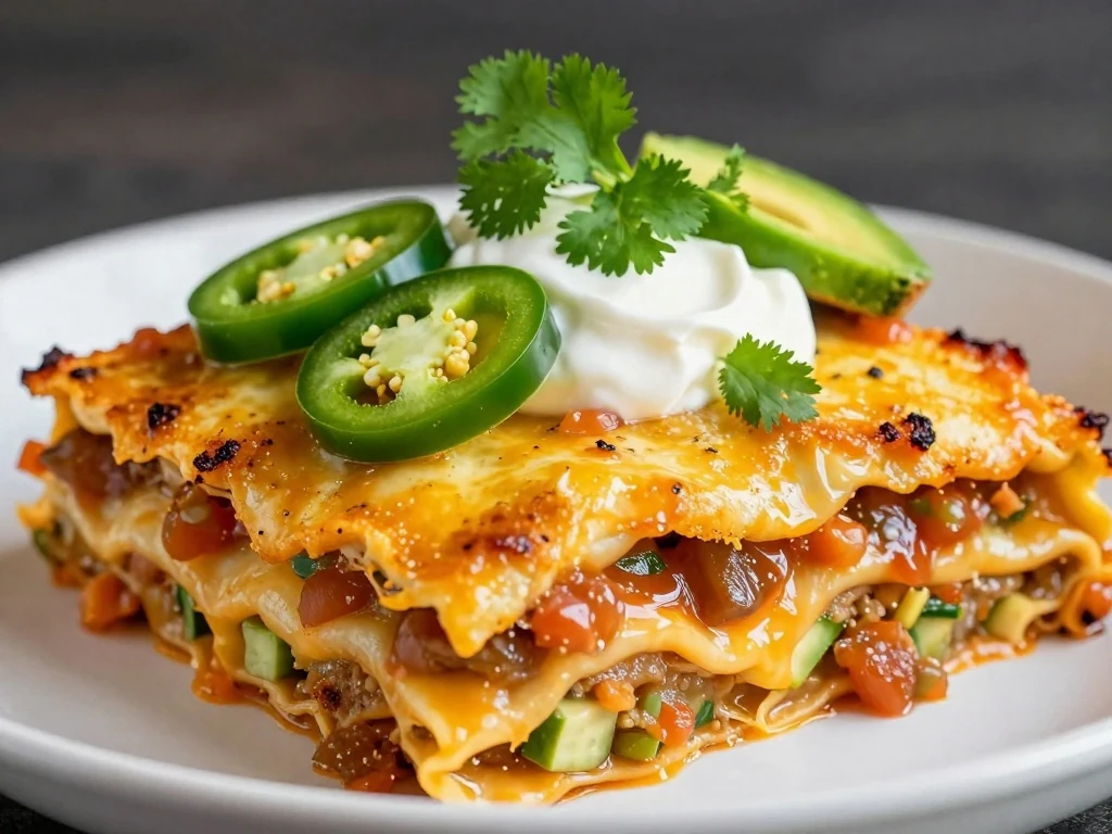 Mexican lasagna slice finished with cilantro, jalapeños, avocado, sour cream, and salsa