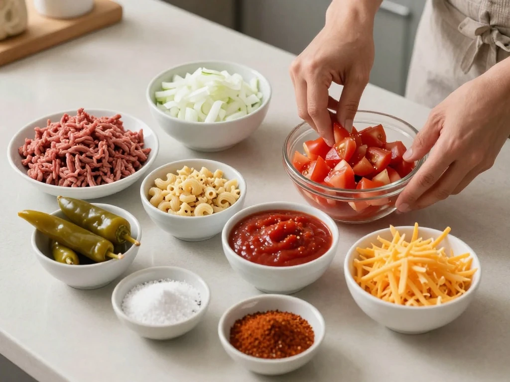 Ingredients for Mexican macaroni and beef arranged for a one-pot skillet recipe