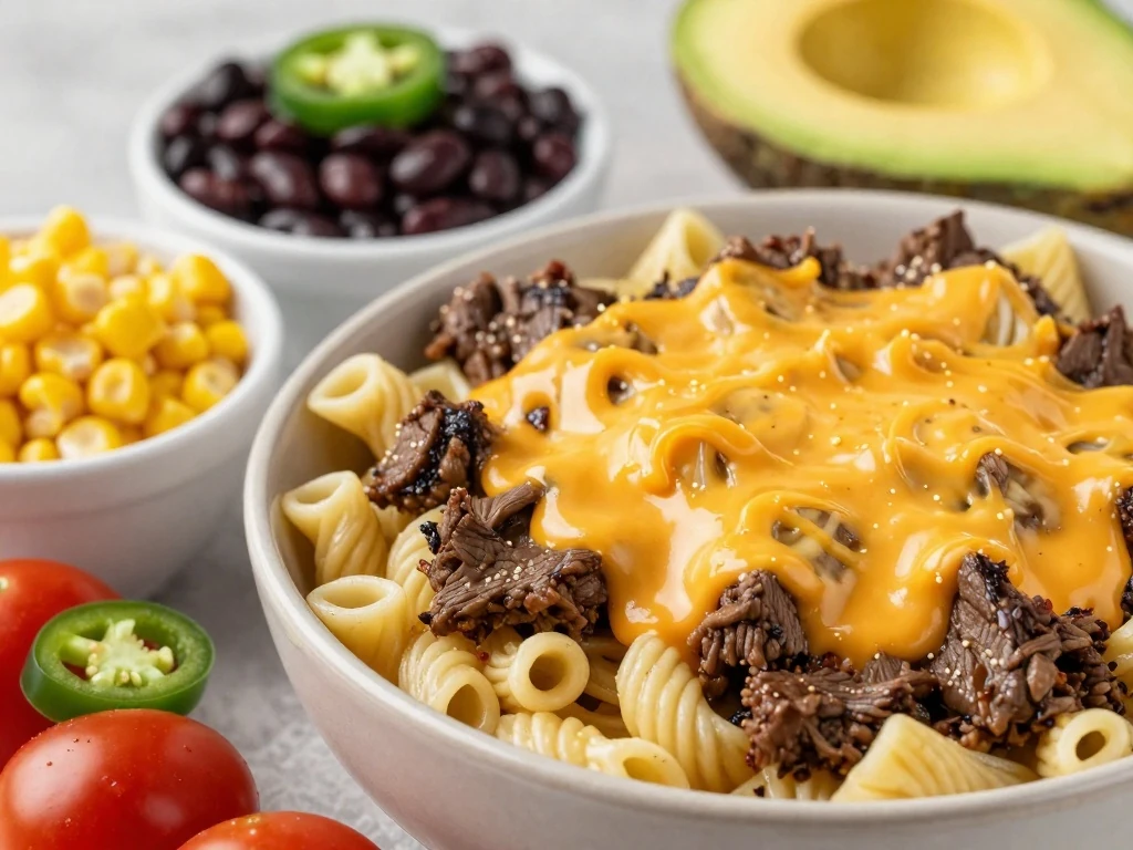 Mexican macaroni and beef with optional toppings and serving ideas