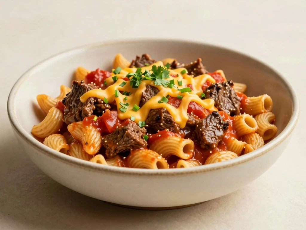 Finished one-pot Mexican macaroni and beef with melted cheddar