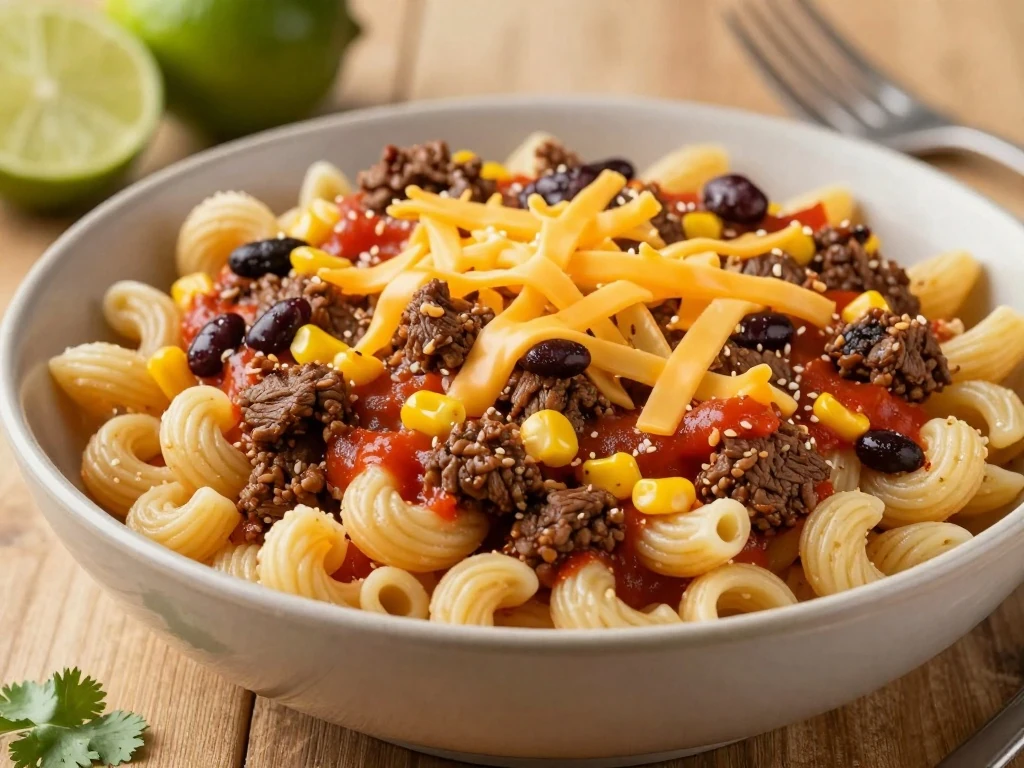 Bowl of cheesy Mexican macaroni and beef