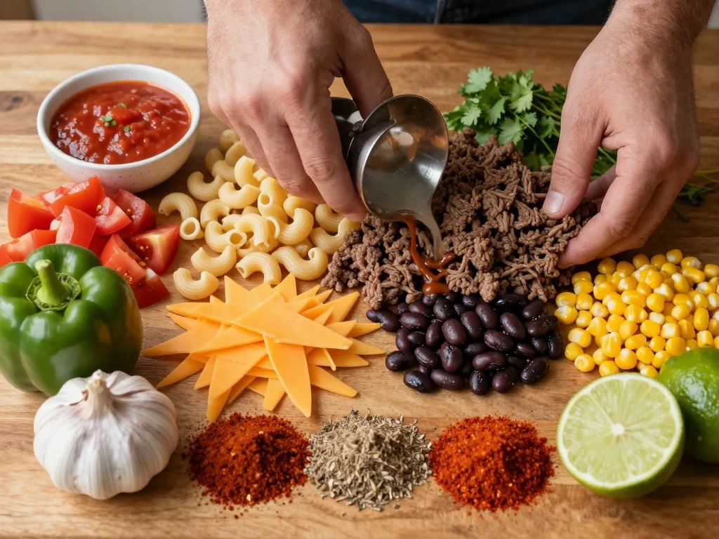 Ingredients for Mexican macaroni and beef arranged for cooking