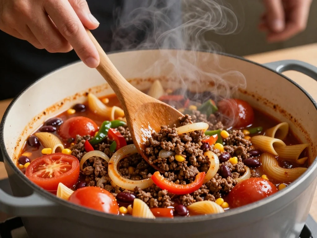Skillet ingredients being stirred for Mexican macaroni and beef
