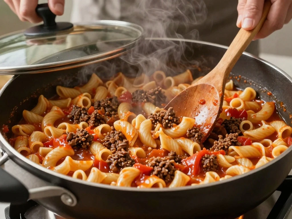 Macaroni simmering in seasoned beef and tomato sauce