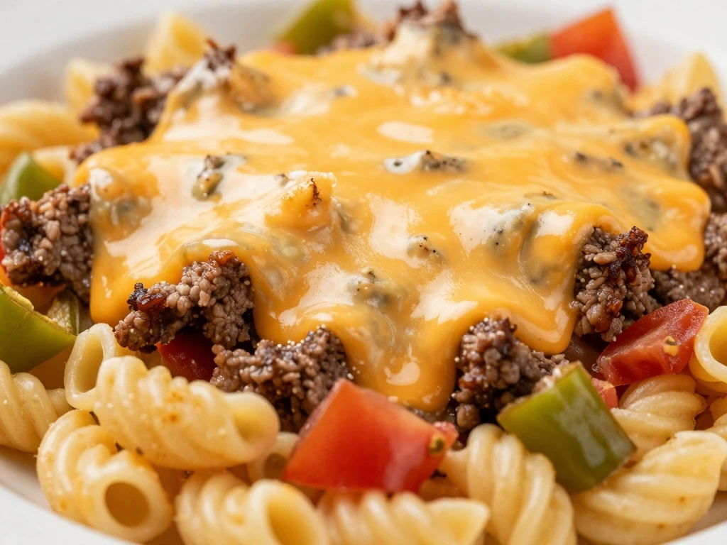 Melted cheddar topping on Mexican macaroni and beef