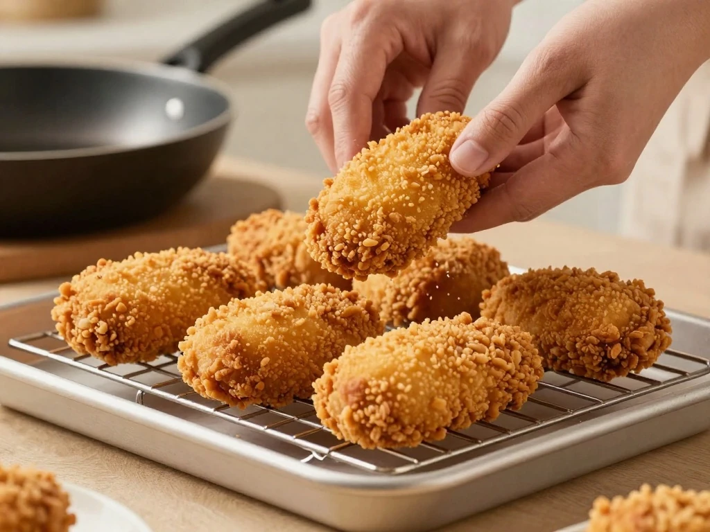 Golden chicken milanesas draining on a rack to stay crisp