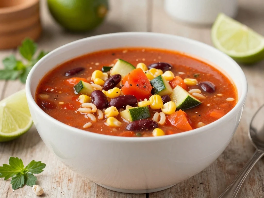 Bowl of colorful Mexican minestrone soup with vegetables, beans, corn, and pasta