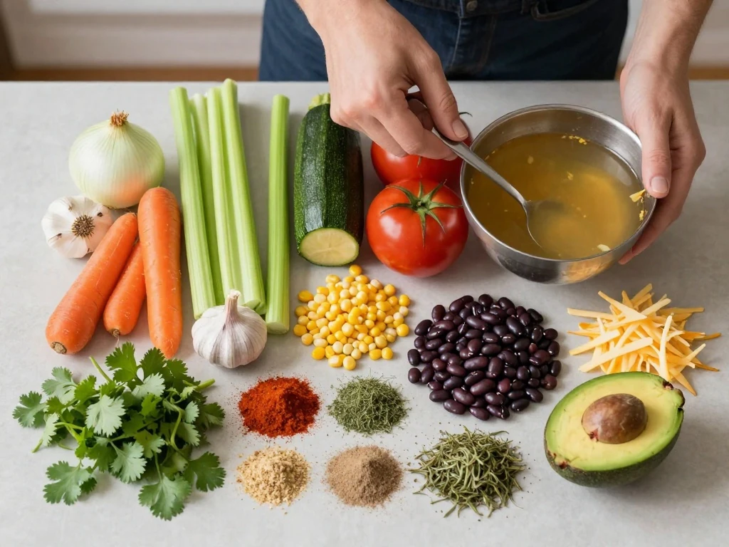 Ingredients for Mexican minestrone soup arranged for cooking