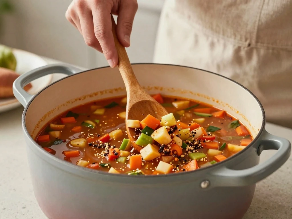 Vegetables and spices being sauteed for Mexican minestrone soup