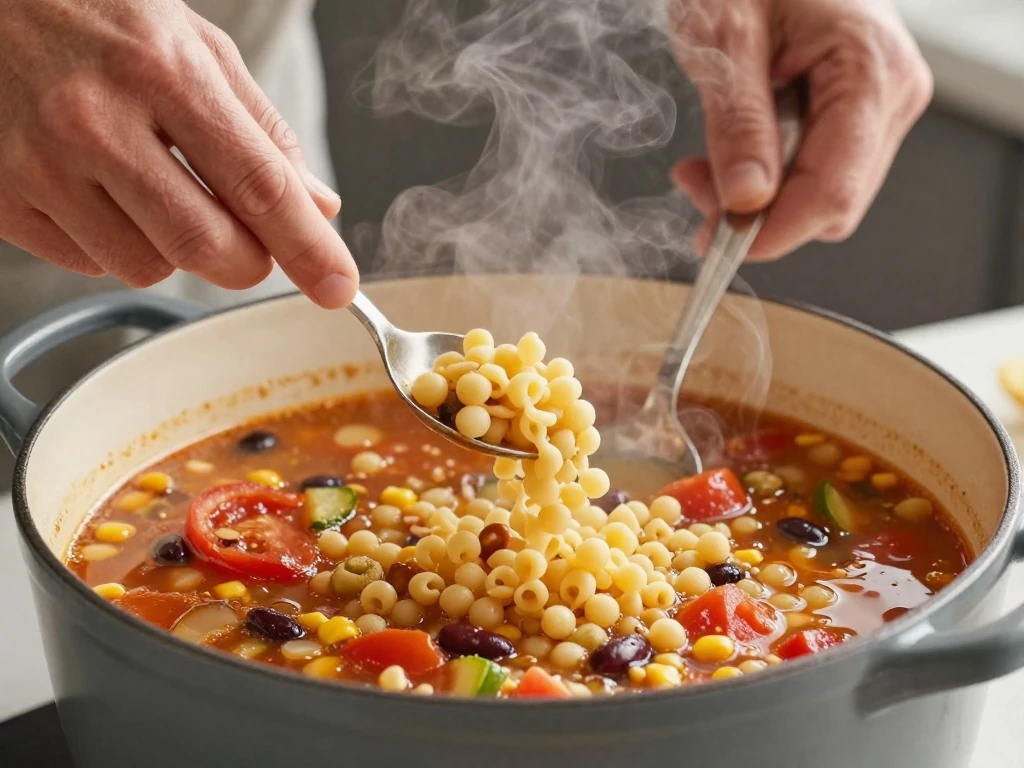 Small pasta added near the end of cooking Mexican minestrone soup