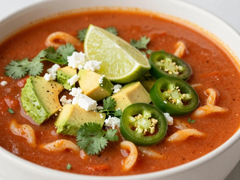 Mexican minestrone soup finished with cilantro, avocado, cheese, lime, and jalapeno