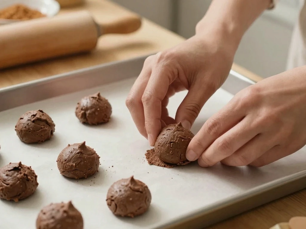 Shaping chocolate ojarascas cookie dough before baking