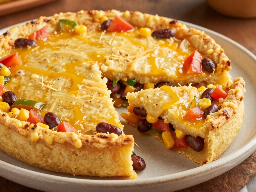 Slice of savory Mexican polenta pie showing the cheesy vegetable and bean filling