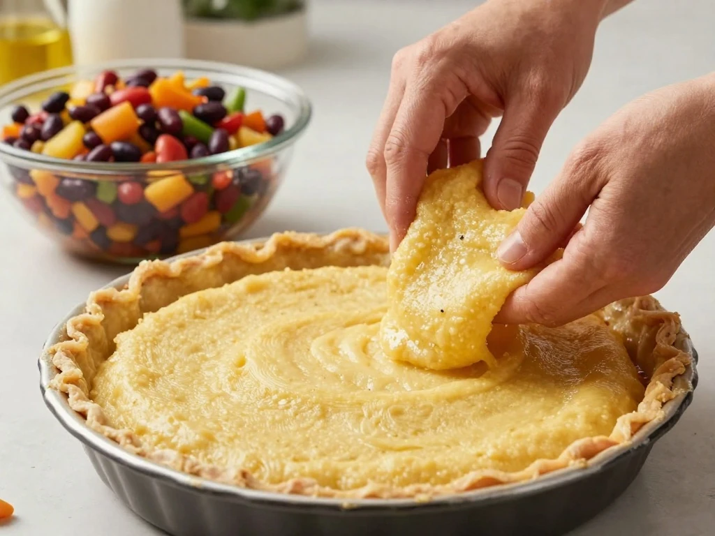 Preparing the polenta crust for Mexican polenta pie