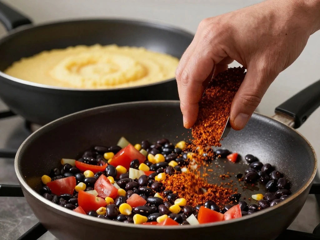 Seasoning the bean and vegetable filling for polenta pie